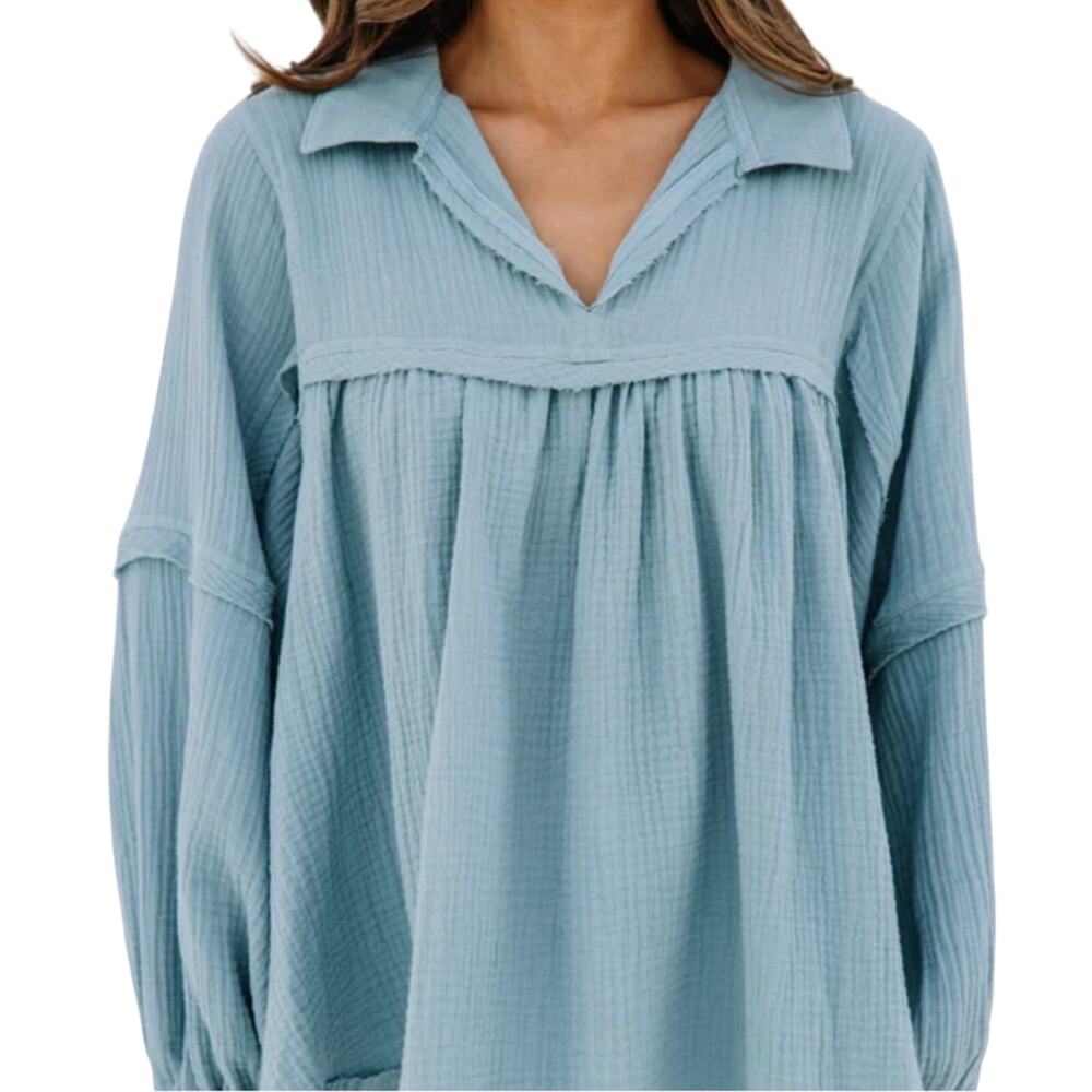 Pink Lily Aqua Muslin Lightweight Flowy Boutique Balloon Sleeves Textured TJ
